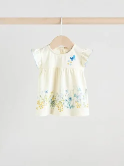 Blauw/wit met bloemenprint - 6 -delig Baby Set van T-shirt met ruches en short (0mnd-2jr)