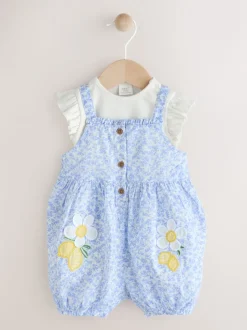 Blauw/wit met bloemenprint - Babyset van rompertje met korte mouwen en bretelbroek (0mnd -2jr)