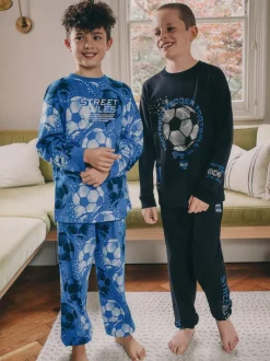 Blauw/zwart met voetbal - Verpakking van 2 pyjama's met lange mouwen (3-16 jr)