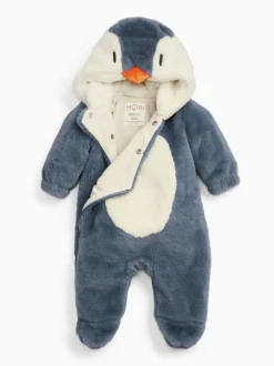 Blue Penguin Faux Fur - MORI Supersoft Zip Up Pramsuit