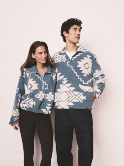 Blue/Ecru Geometric Matching Family - Zip Neck Printed Fleece
