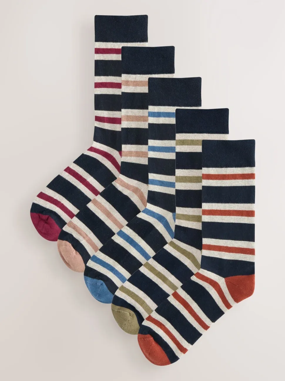 Blue/Ecru Striped - Cushioned Sole Comfort Socks 5 Pack