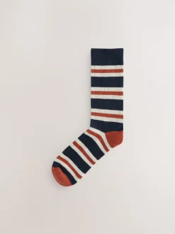 Blue/Ecru Striped - Cushioned Sole Comfort Socks 5 Pack