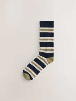 Blue/Ecru Striped - Cushioned Sole Comfort Socks 5 Pack