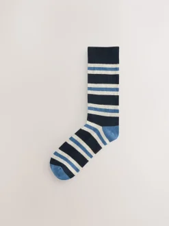 Blue/Ecru Striped - Cushioned Sole Comfort Socks 5 Pack