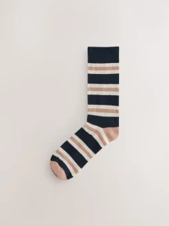 Blue/Ecru Striped - Cushioned Sole Comfort Socks 5 Pack
