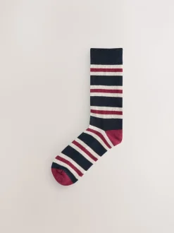 Blue/Ecru Striped - Cushioned Sole Comfort Socks 5 Pack
