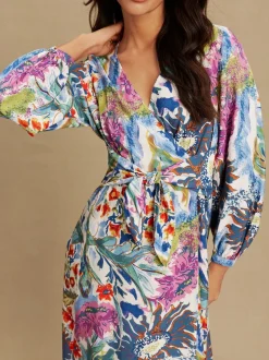 Blue/Green Floral Print - V-Neck Tie Waist Long Sleeve Midi Dress