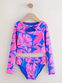 Blue/Pink Floral Print - Bikini met lange mouwen (3-16 jr)