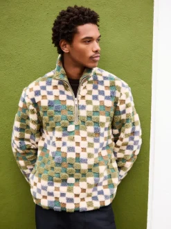 Blue/Tan Checkerboard - Half met rits - Fleece trui met print
