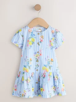 Blue/White Stripe Floral - Short Sleeve Cotton Dress (3mths-8yrs)