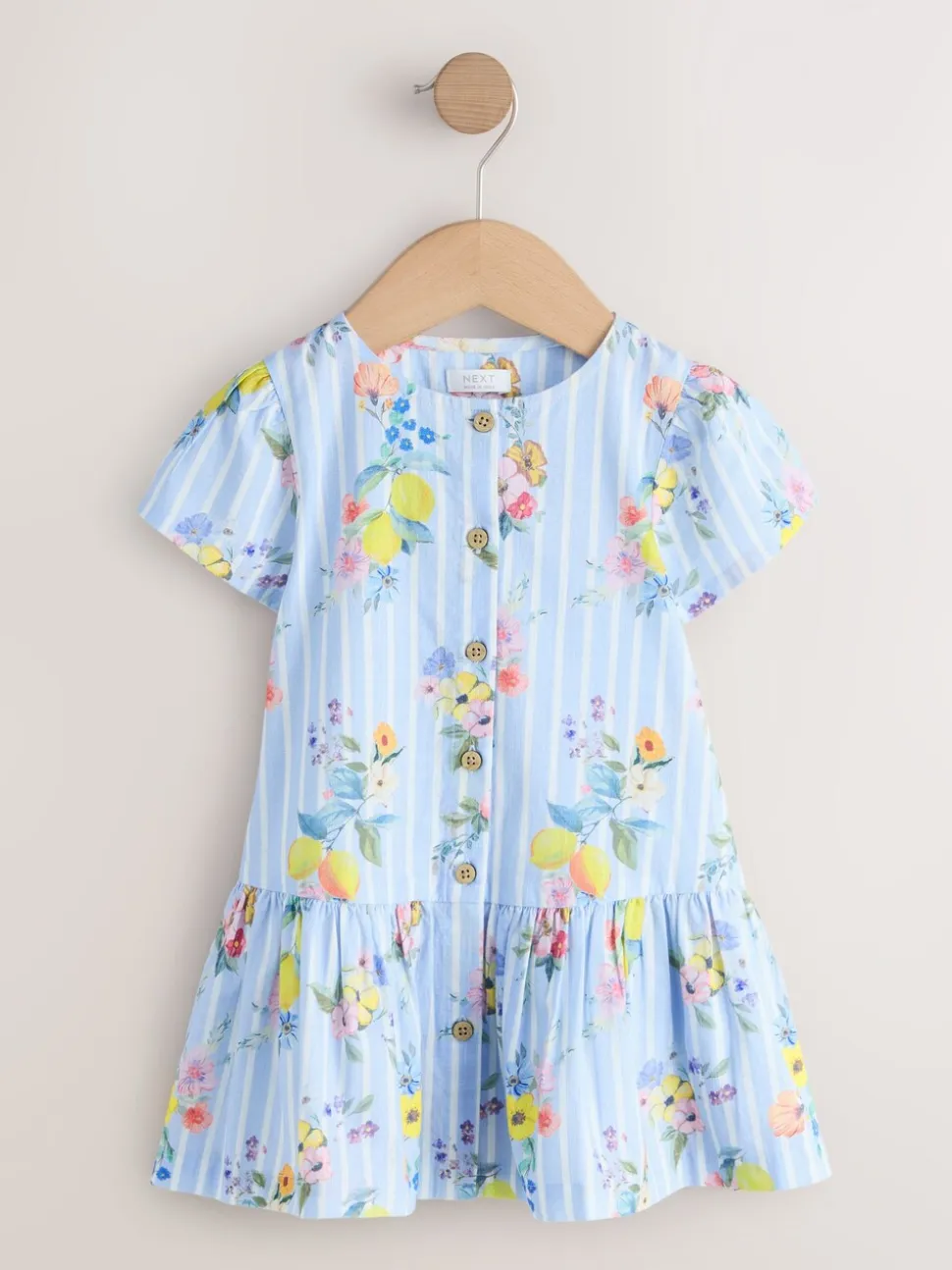 Blue/White Stripe Floral - Short Sleeve Cotton Dress (3mths-8yrs)