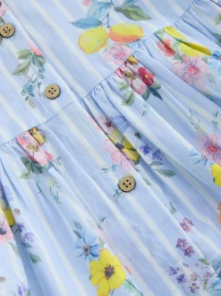 Blue/White Stripe Floral - Short Sleeve Cotton Dress (3mths-8yrs)