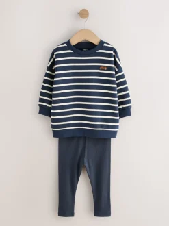 Blue/White Stripe/Car - Set van 2 sweatshirts en leggings (3mnd -7jr)