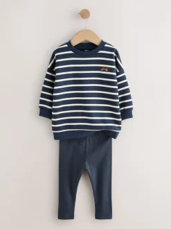 Blue/White Stripe/Car - Set van 2 sweatshirts en leggings (3mnd -7jr)