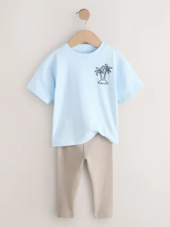 Blue/White/Brown - Short Sleeve Top and Leggings Set 3 Pack (3mths-7yrs)