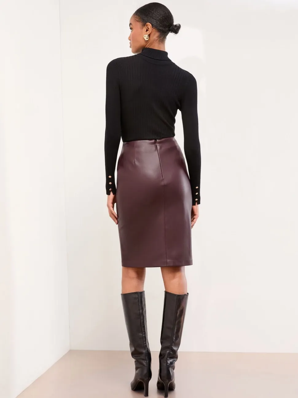 Bordeaux Rood imitatieleer - Lipsy - Midi-rok met zijsplit