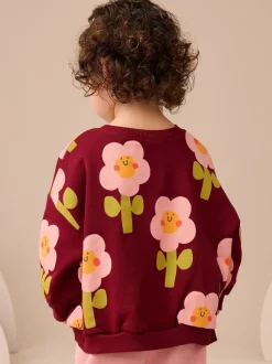 Bordeauxrode Smiley Bloemenprint - Sweatshirt met ronde hals (3 mnd-7 jr)