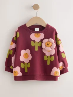 Bordeauxrode Smiley Bloemenprint - Sweatshirt met ronde hals (3 mnd-7 jr)