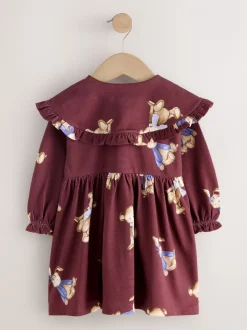Bordeauxrode Teddybeer - Jurk met lange mouwen en kraag (3mnd-7jr)