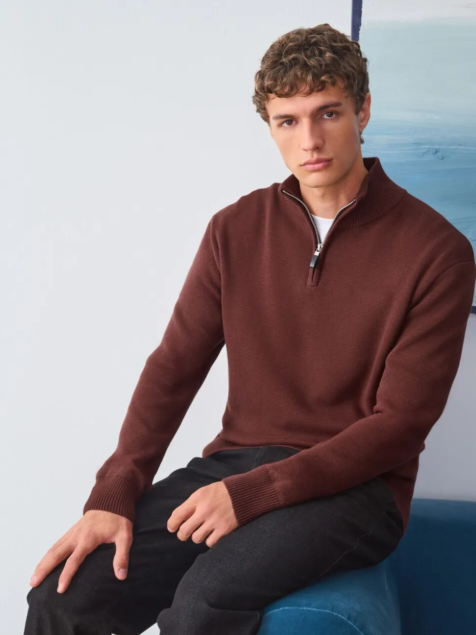 Bordeauxrood - Effen - Regular fit 100% katoenen premium trui met korte rits