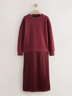 Bordeauxrood - 2-In-1 Sweatshirt met Satijnen Midi Rok