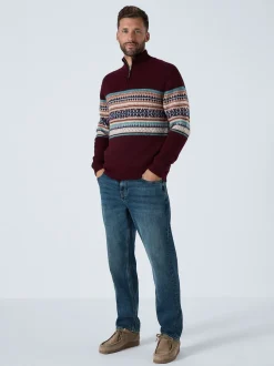 Bordeauxrood - Regular Fit Fairisle Pattern Chest Block Zip Neck Jumper
