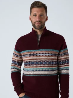 Bordeauxrood - Regular Fit Fairisle Pattern Chest Block Zip Neck Jumper
