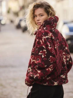 Bordeauxrood gebloemd - Jacquard Teddy Borg Quarter Zip Fleece Sweatshirt