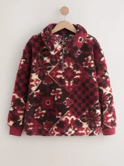 Bordeauxrood gebloemd - Jacquard Teddy Borg Quarter Zip Fleece Sweatshirt