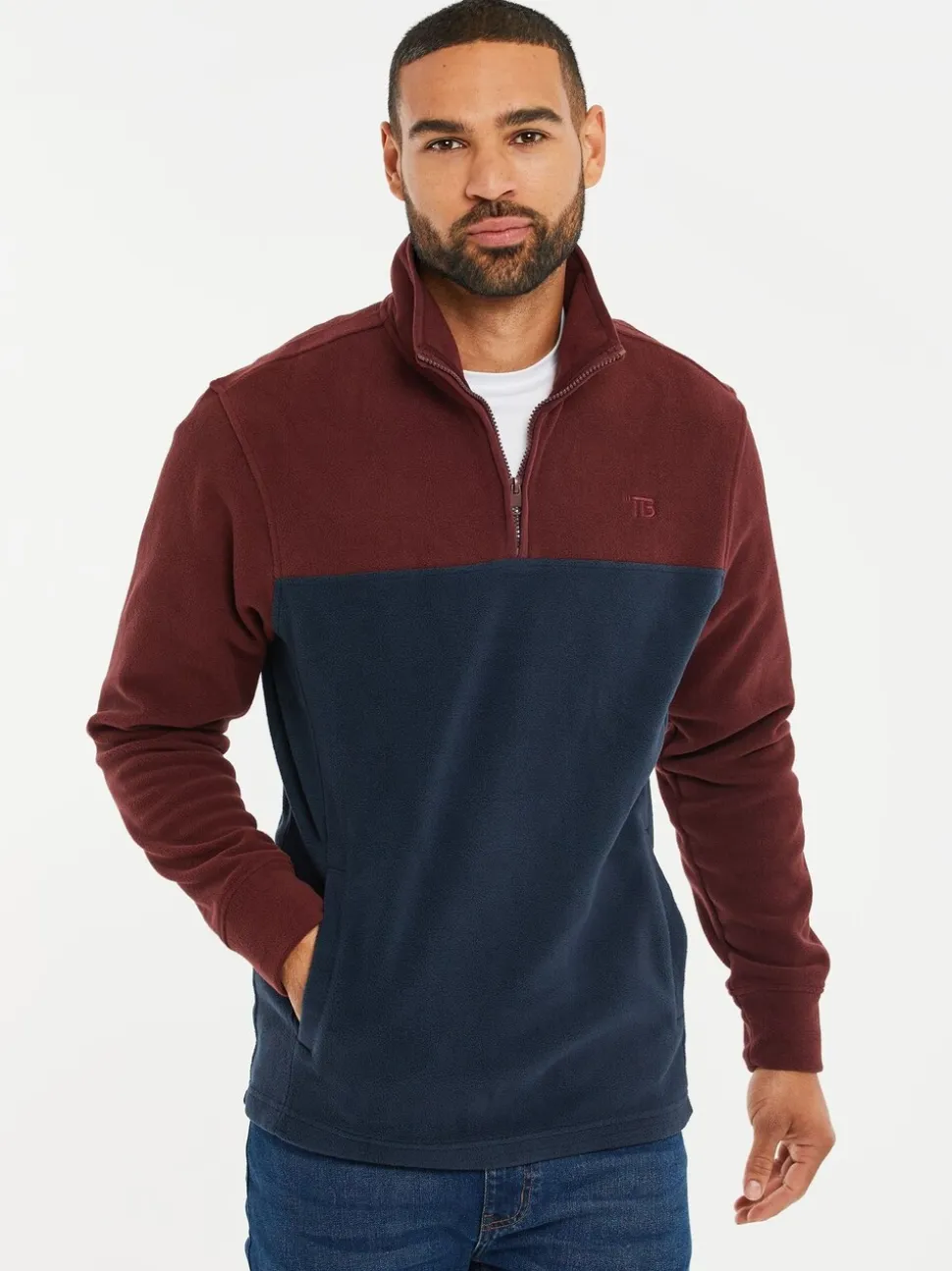 Bordeauxrood/marineblauw - Threadbare tweekleurige fleece sweatshirt met kwartrits