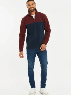 Bordeauxrood/marineblauw - Threadbare tweekleurige fleece sweatshirt met kwartrits