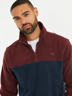 Bordeauxrood/marineblauw - Threadbare tweekleurige fleece sweatshirt met kwartrits