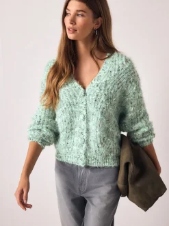 Bright Green Neppy - Fuzzy Texture V-Neck Cardigan