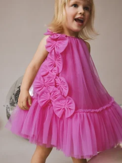Bright Pink Bows - Mouwloze mesh jurk (3 mnd - 7 jr)