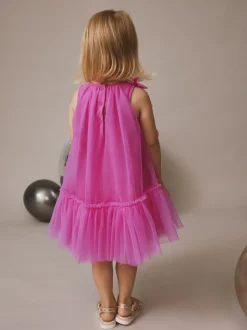 Bright Pink Bows - Mouwloze mesh jurk (3 mnd - 7 jr)