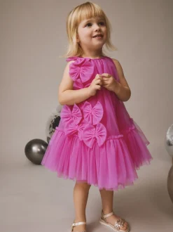 Bright Pink Bows - Mouwloze mesh jurk (3 mnd - 7 jr)