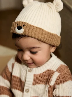 Bruin - Bear Face geribbelde Baby Muts (0mnd -2jr)