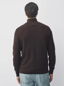 Bruin - Effen - Regular fit 100% katoenen premium trui met korte rits