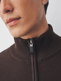 Bruin - Effen - Regular fit 100% katoenen premium trui met korte rits
