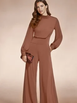 Bruin - HotSquash jumpsuit met wijde pijpen en blousonmouwen