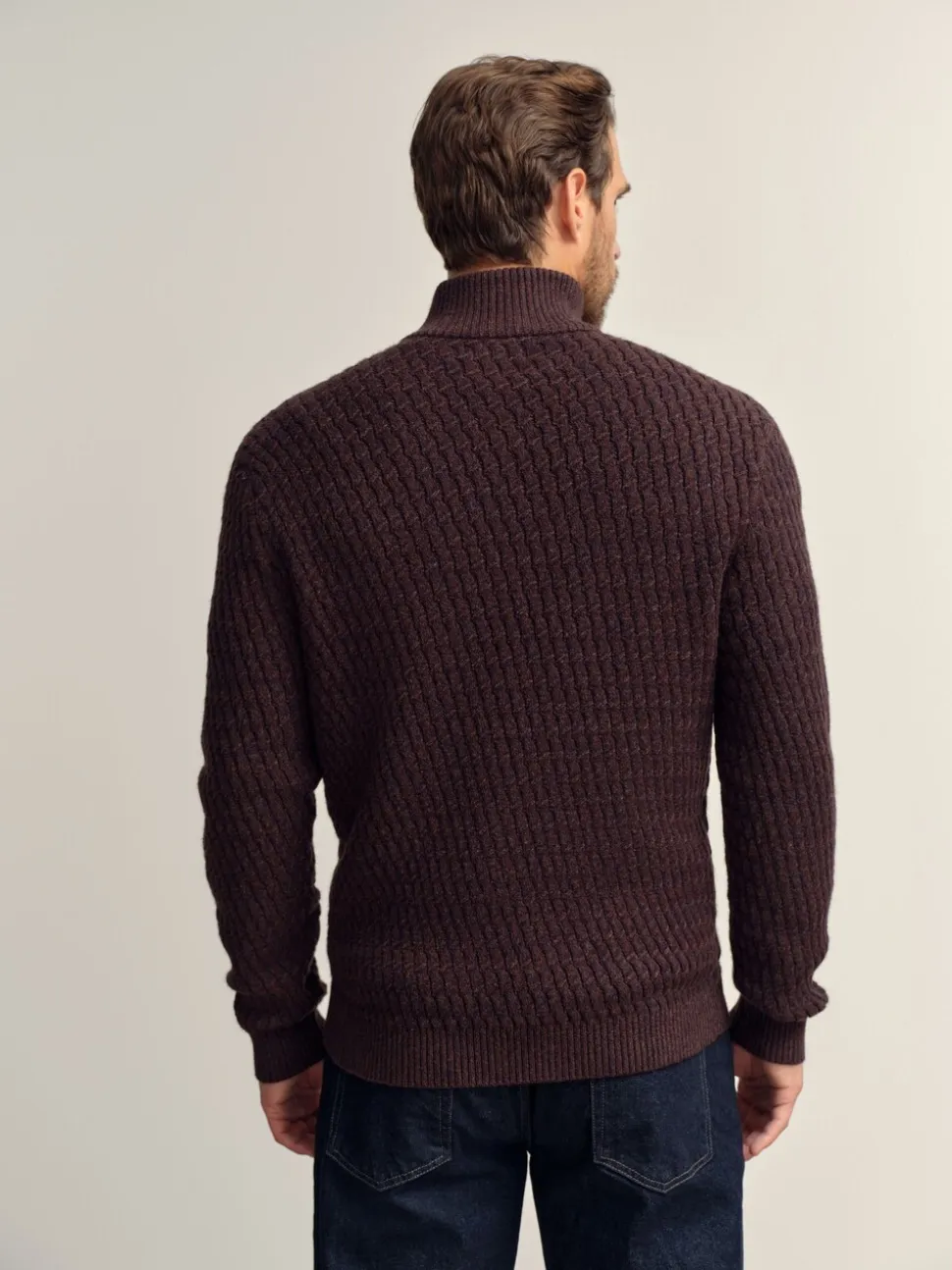 Bruin - Regular Fit getextureerde trui met kwartrits