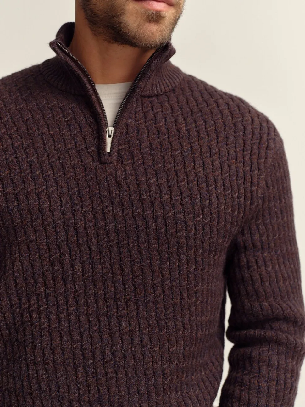 Bruin - Regular Fit getextureerde trui met kwartrits