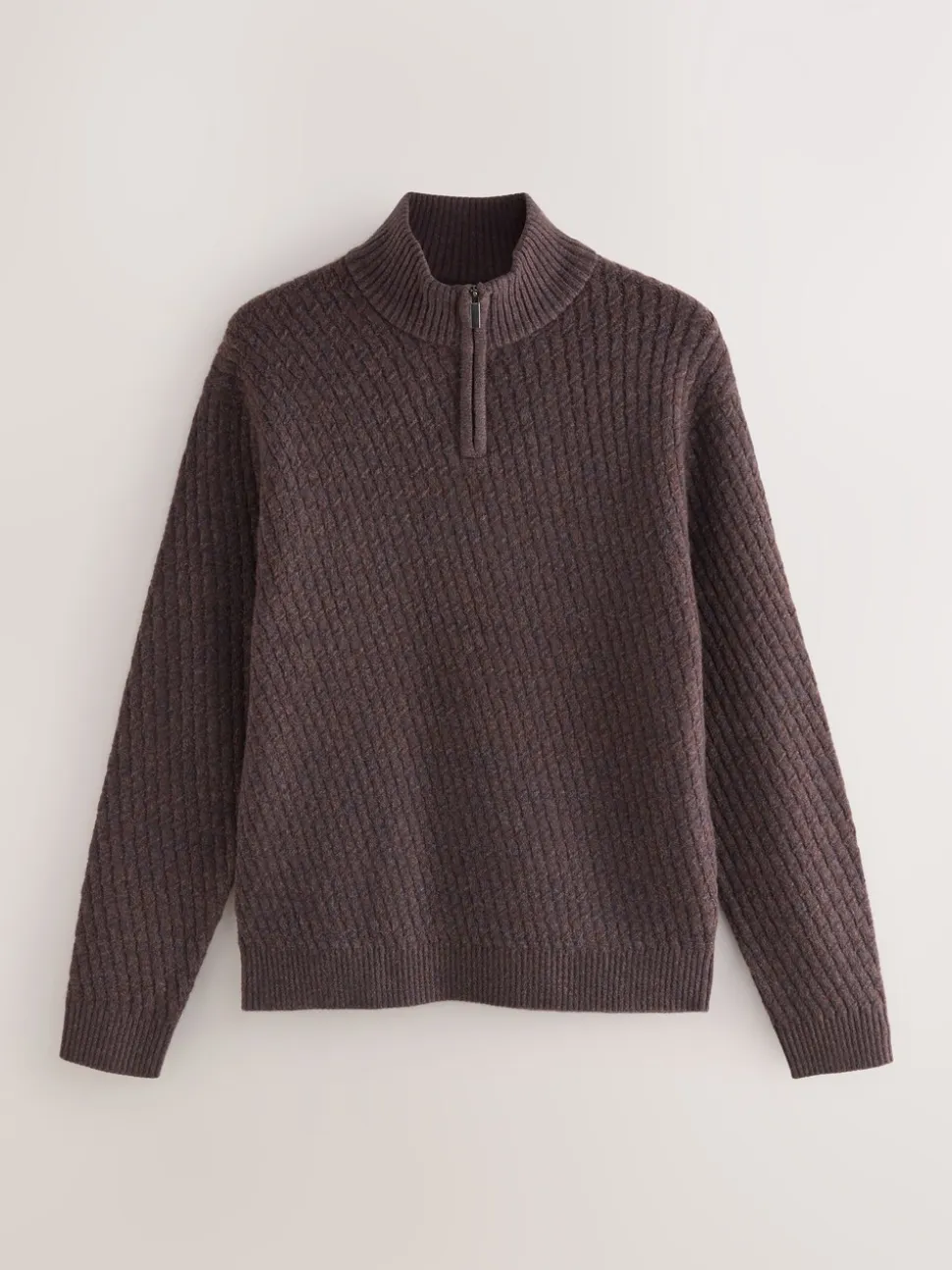 Bruin - Regular Fit getextureerde trui met kwartrits