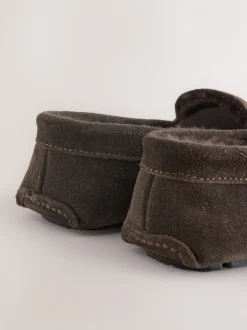 Bruin - Suède mocassinpantoffels met voering van imitatiebont