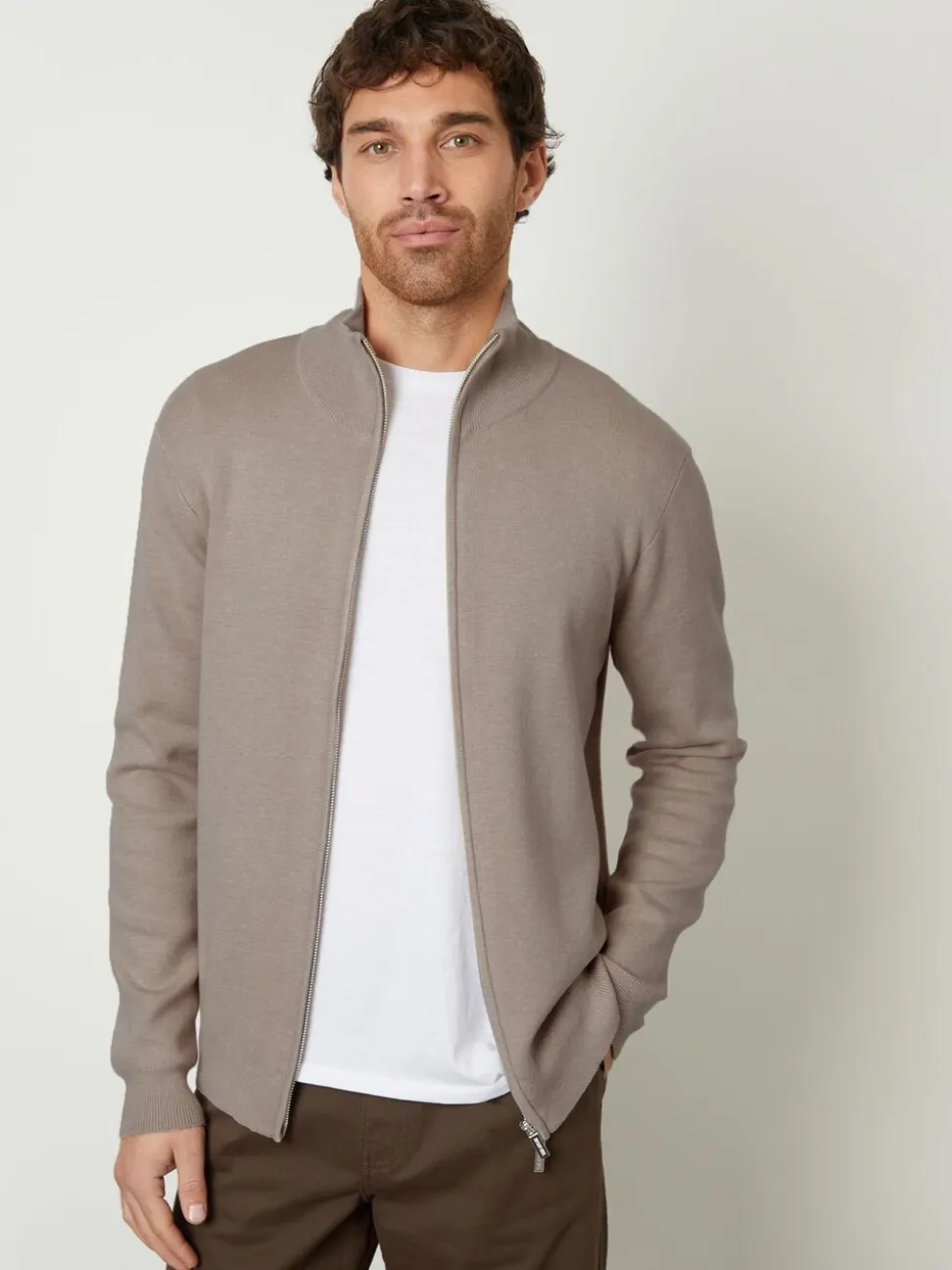 Bruin - Threadbare gebreid vest met rits en opstaande kraag