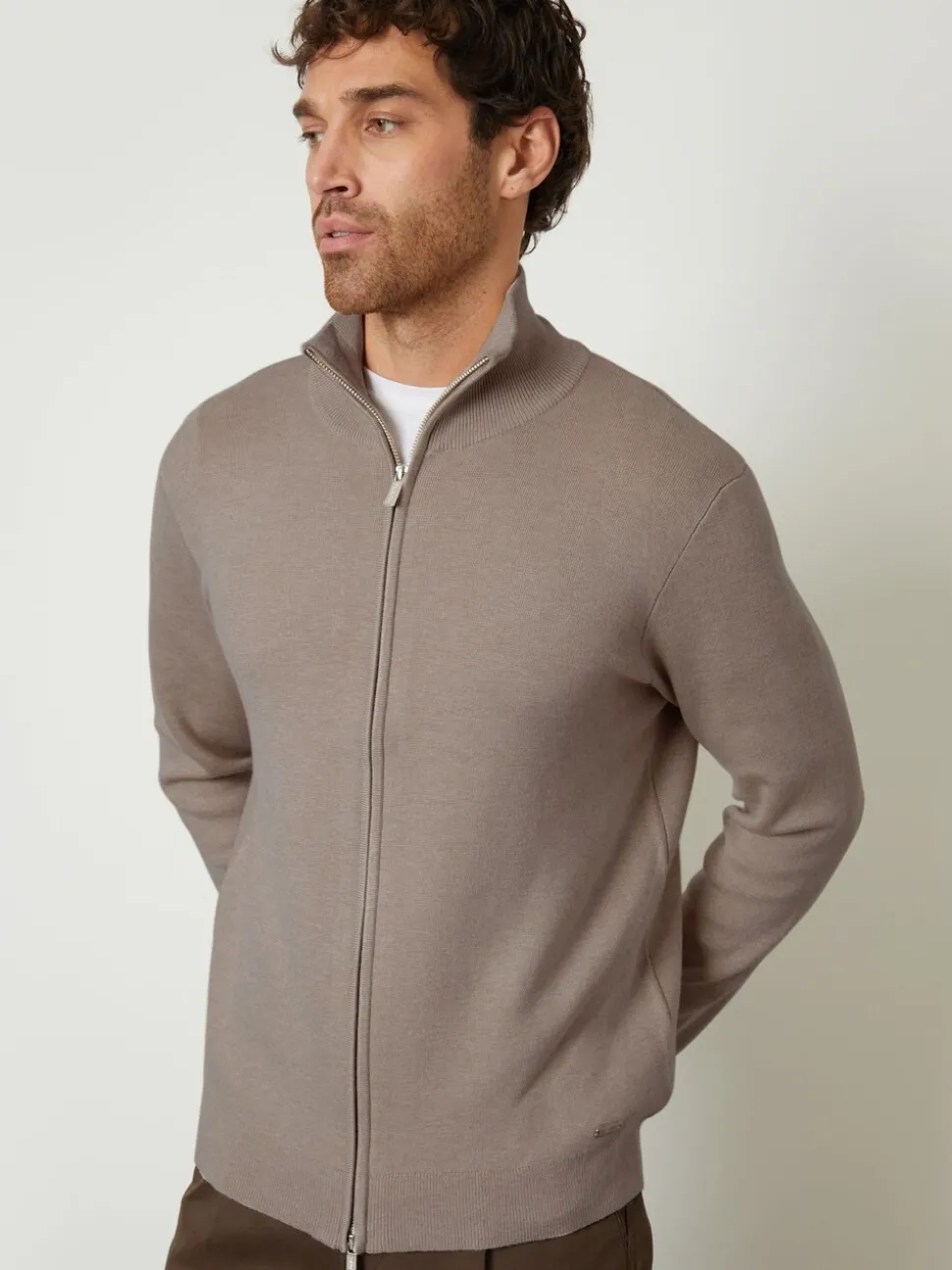 Bruin - Threadbare gebreid vest met rits en opstaande kraag