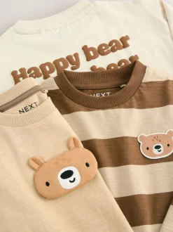 Bruin met beer - Set van 3 T-shirts met lange mouwen en applicatie (3mnd-7jr)