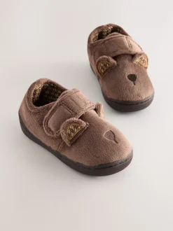 Bruin met beer - Warm gevoerde pantoffels met kuipzool