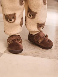 Bruin met beer - Warm gevoerde pantoffels met kuipzool